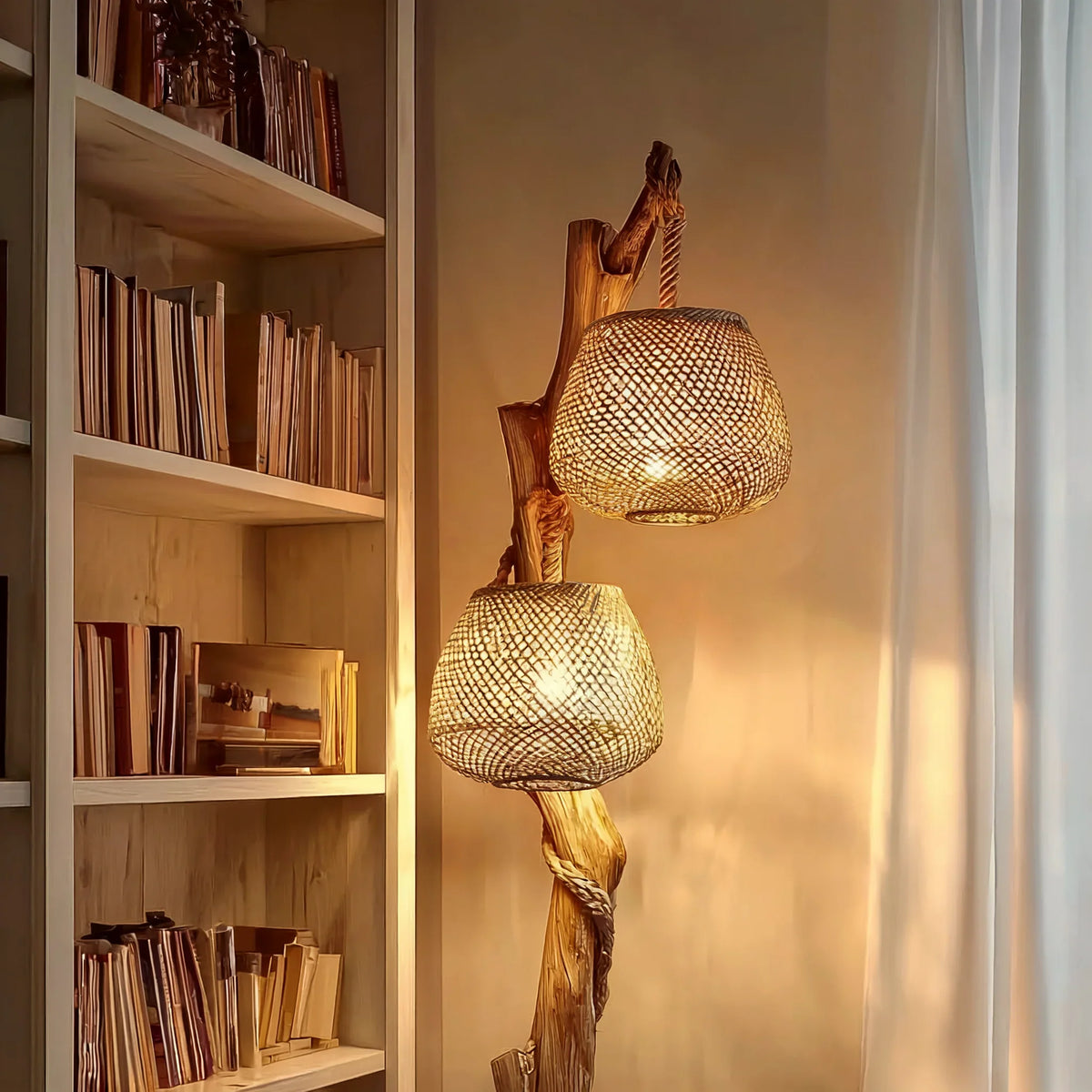 Rustic solid wood floor lamp with woven rattan shades beside a bookshelf in cozy room