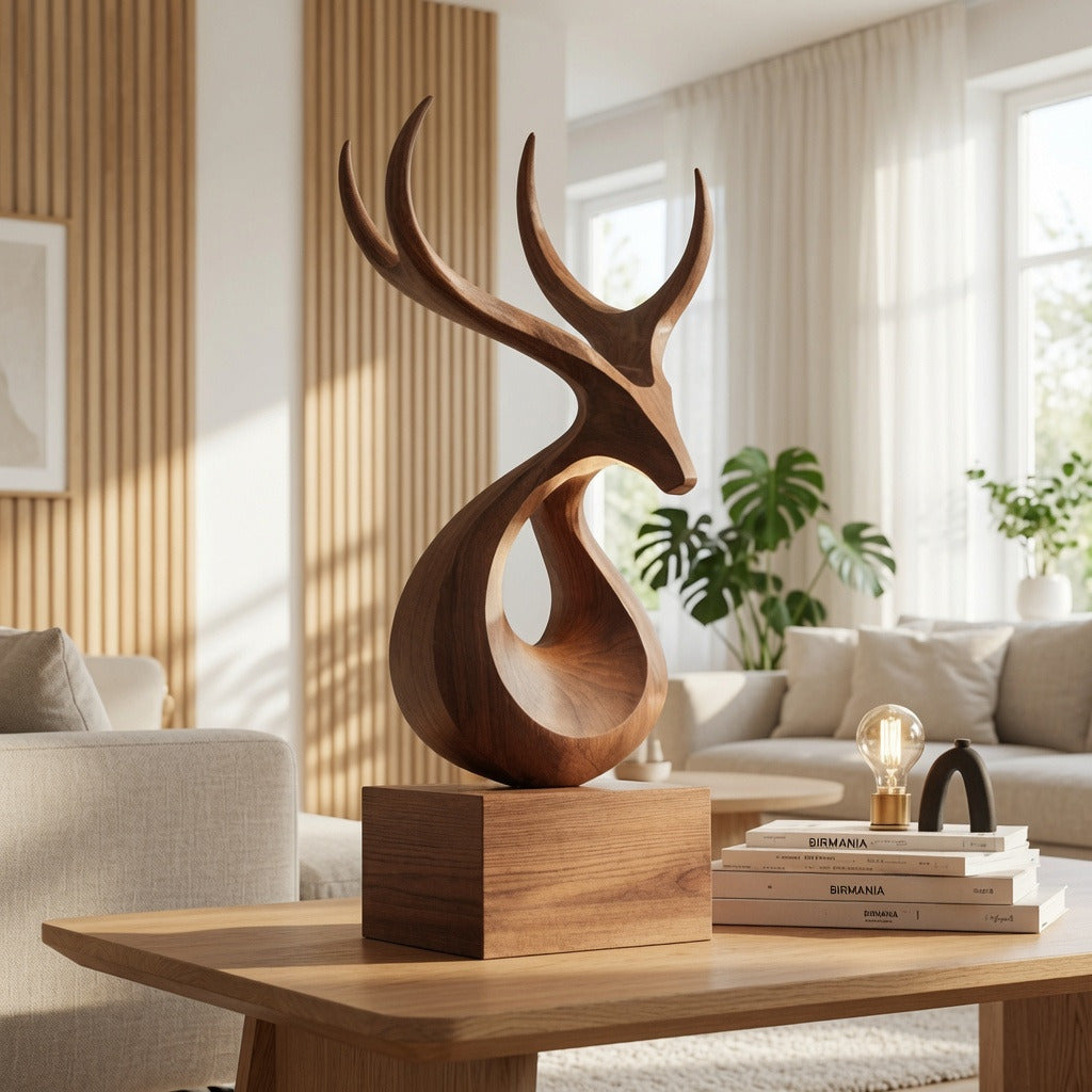 Abstract deer antler solid wood sculpture in a modern living room