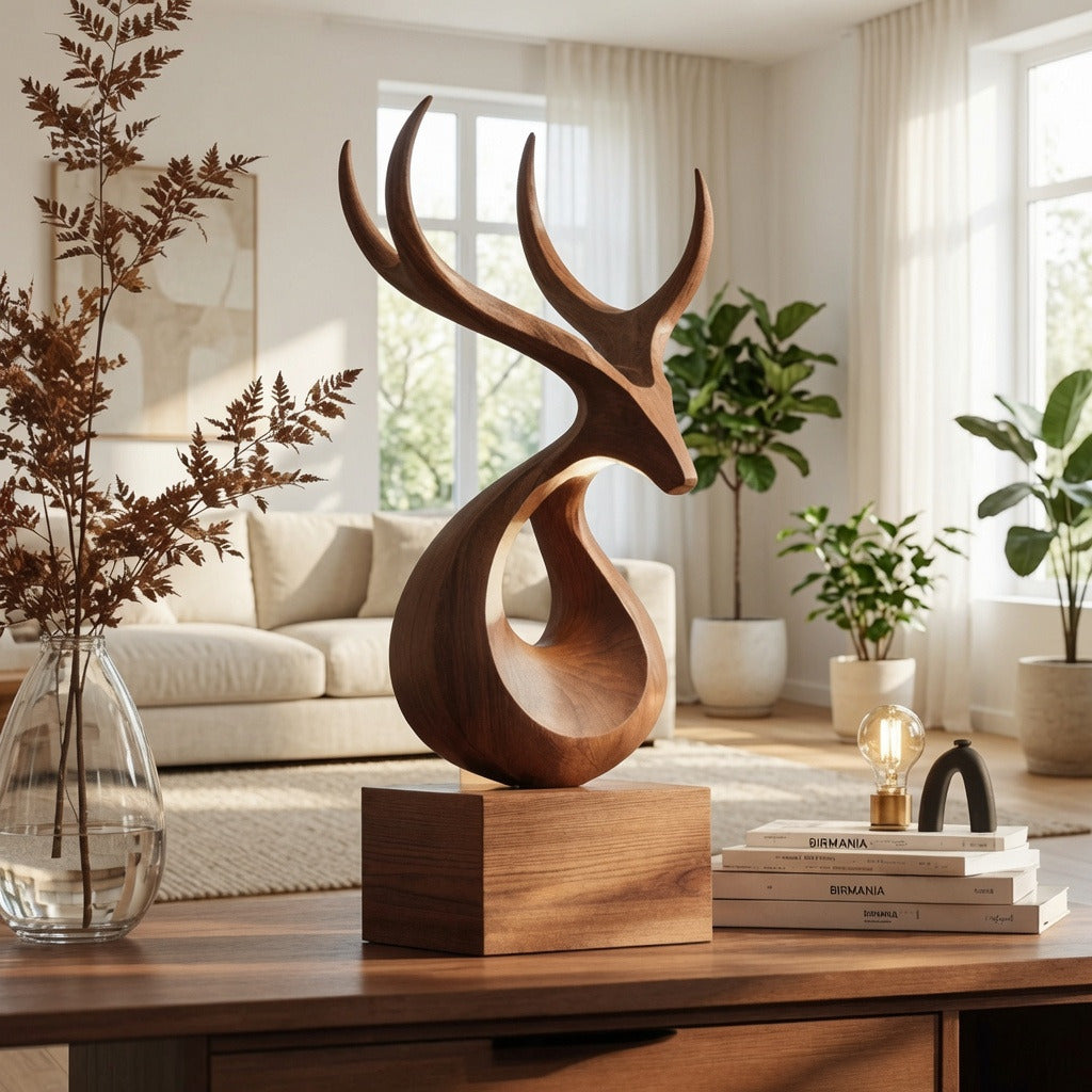Artisan handcrafted deer antler sculpture in natural hardwood