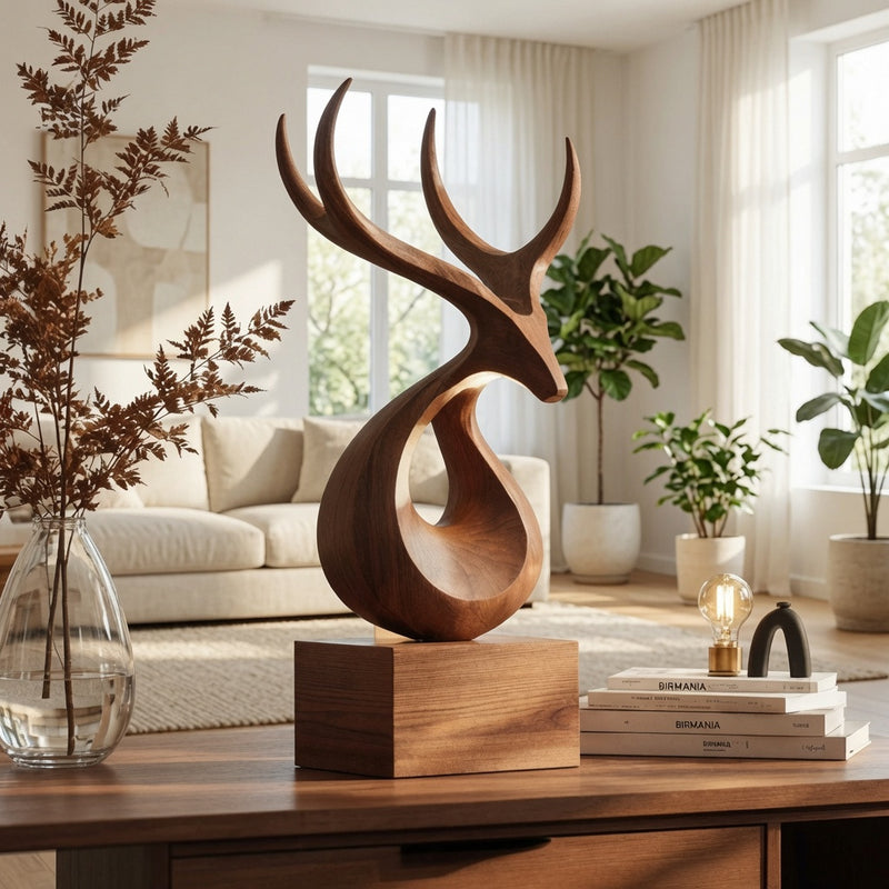 Artisan handcrafted deer antler sculpture in natural hardwood