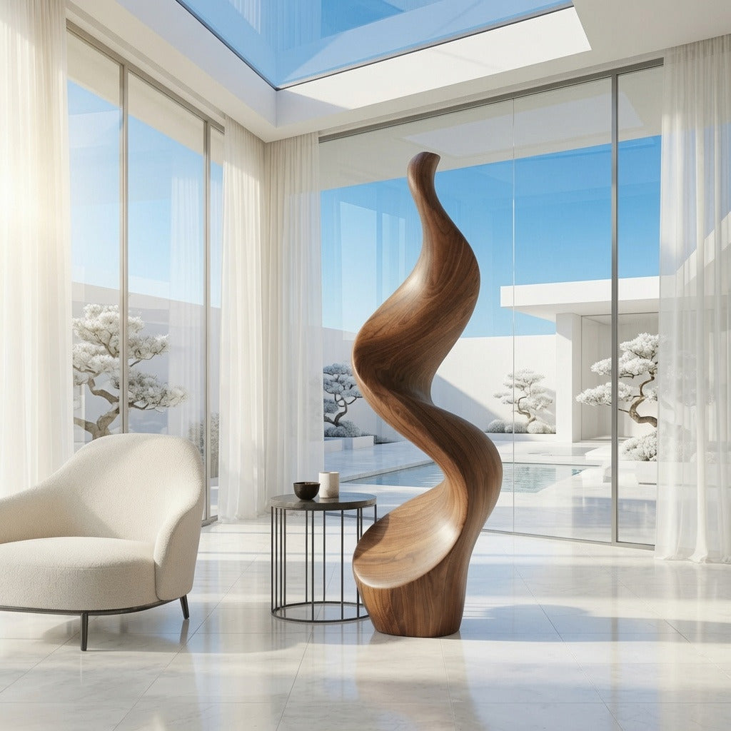 Abstract twisted solid wood floor sculpture in a modern living room