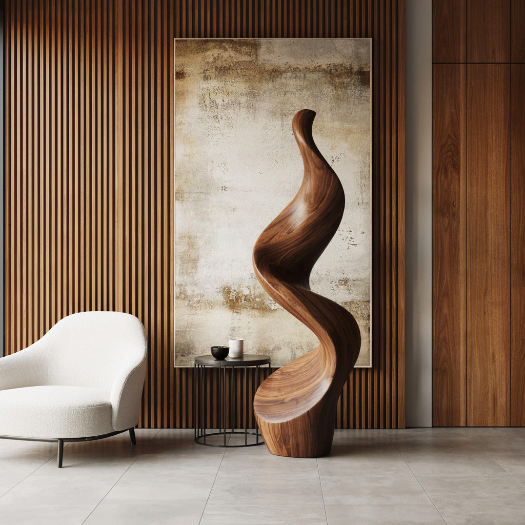 Modern abstract wood art sculpture enhancing a minimalist living space