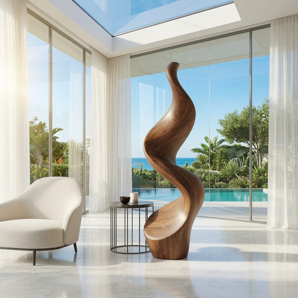 Artisan solid wood sculpture adding natural elegance to a designer home