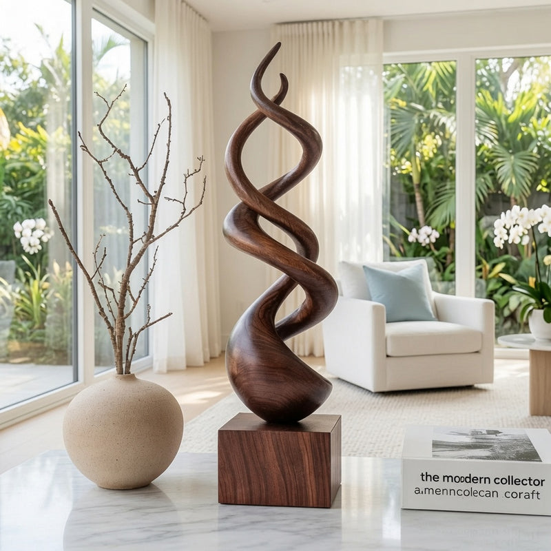 Abstract twisted floor sculpture in solid wood