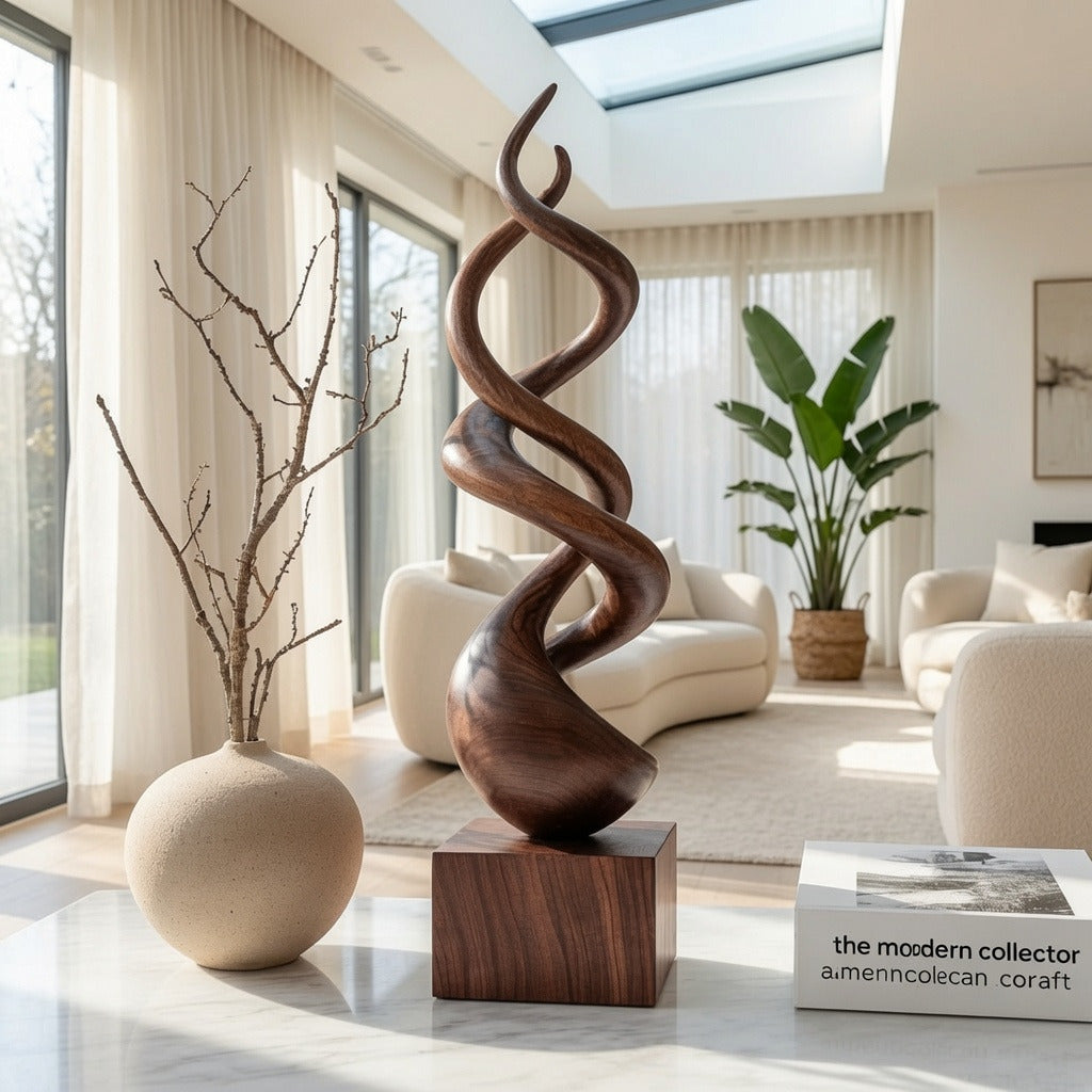 Organic solid wood floor sculpture creating a focal point in a luxury home