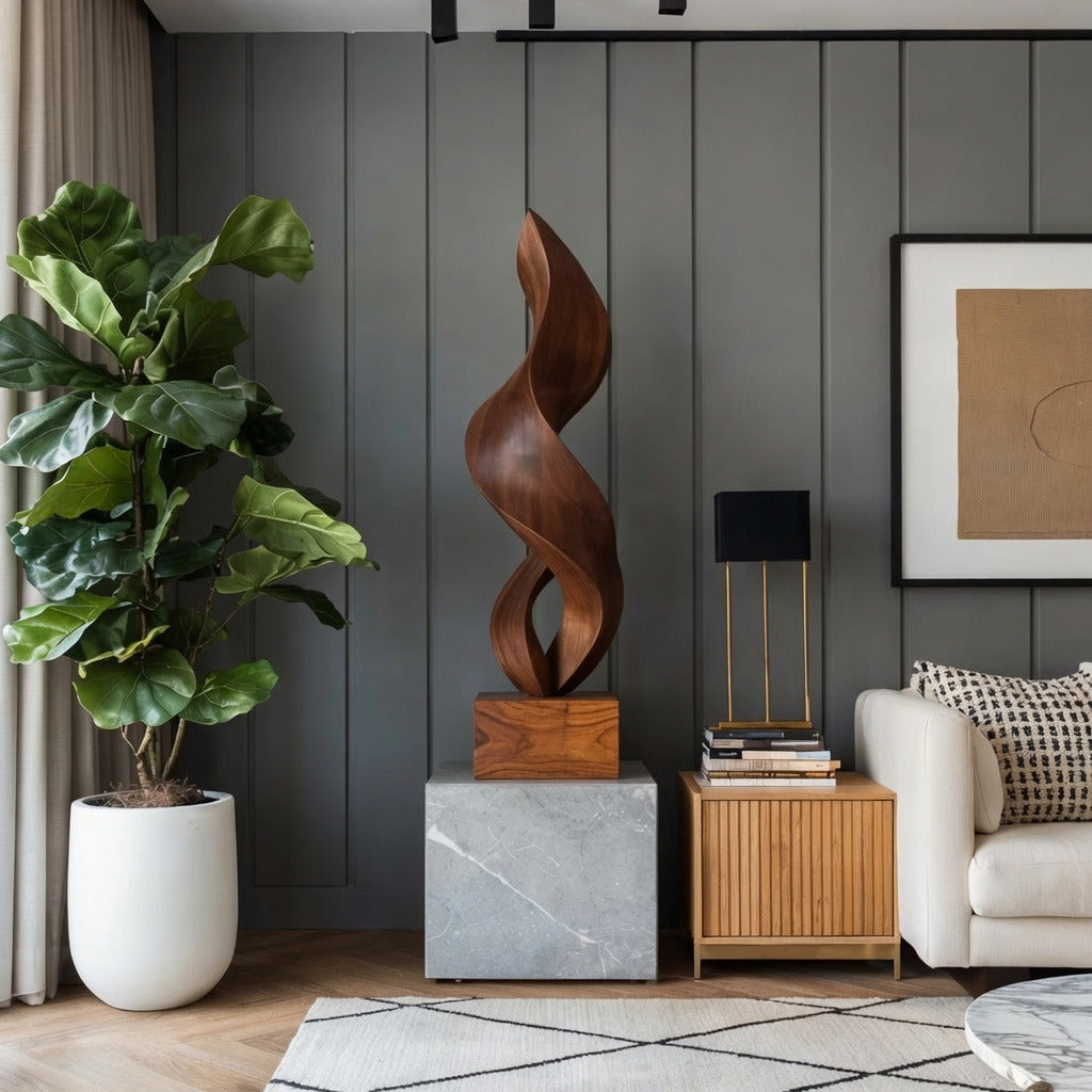 Abstract twisted solid wood sculpture on marble base in a modern living room
