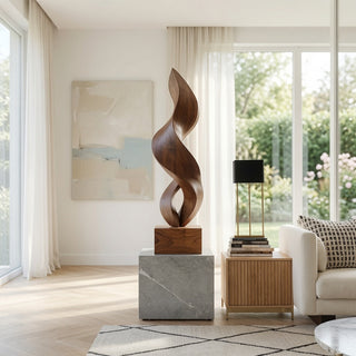 Handcrafted twisted solid wood sculpture with marble base