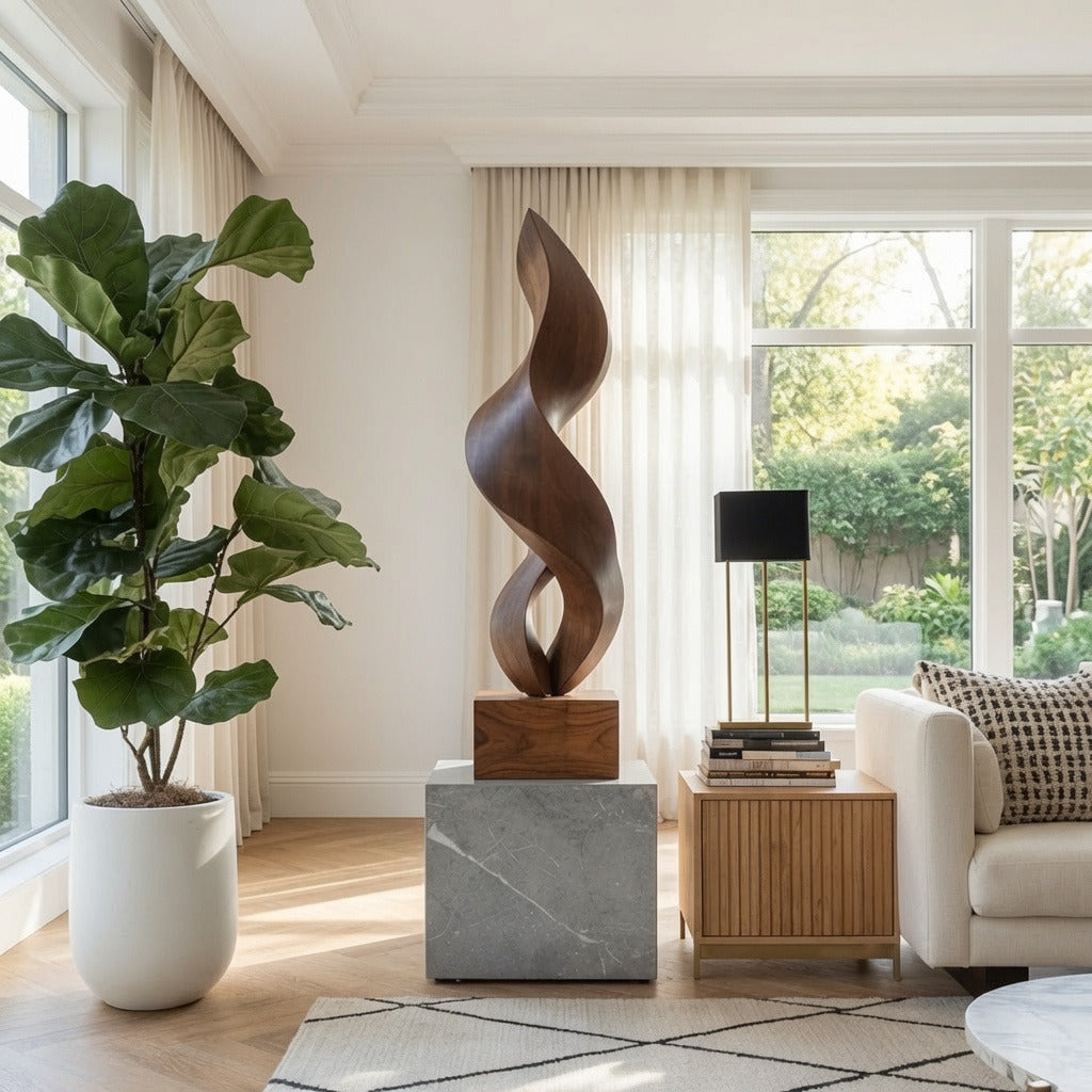 Organic solid wood sculpture with marble base creating a statement in a minimalist home