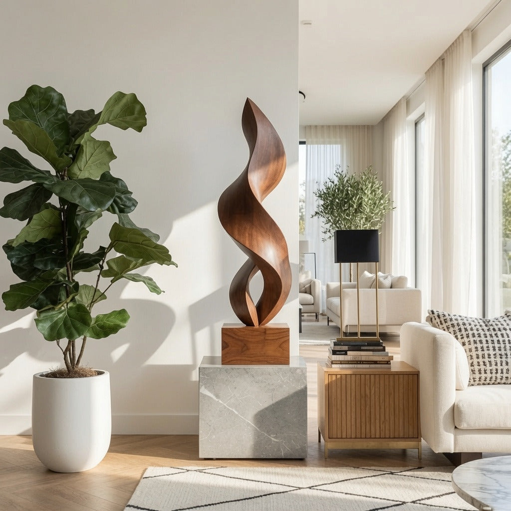 Handcrafted wooden floor sculpture displayed in a contemporary luxury interior