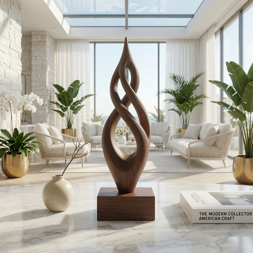 Abstract handcrafted solid wood sculpture in a modern living room
