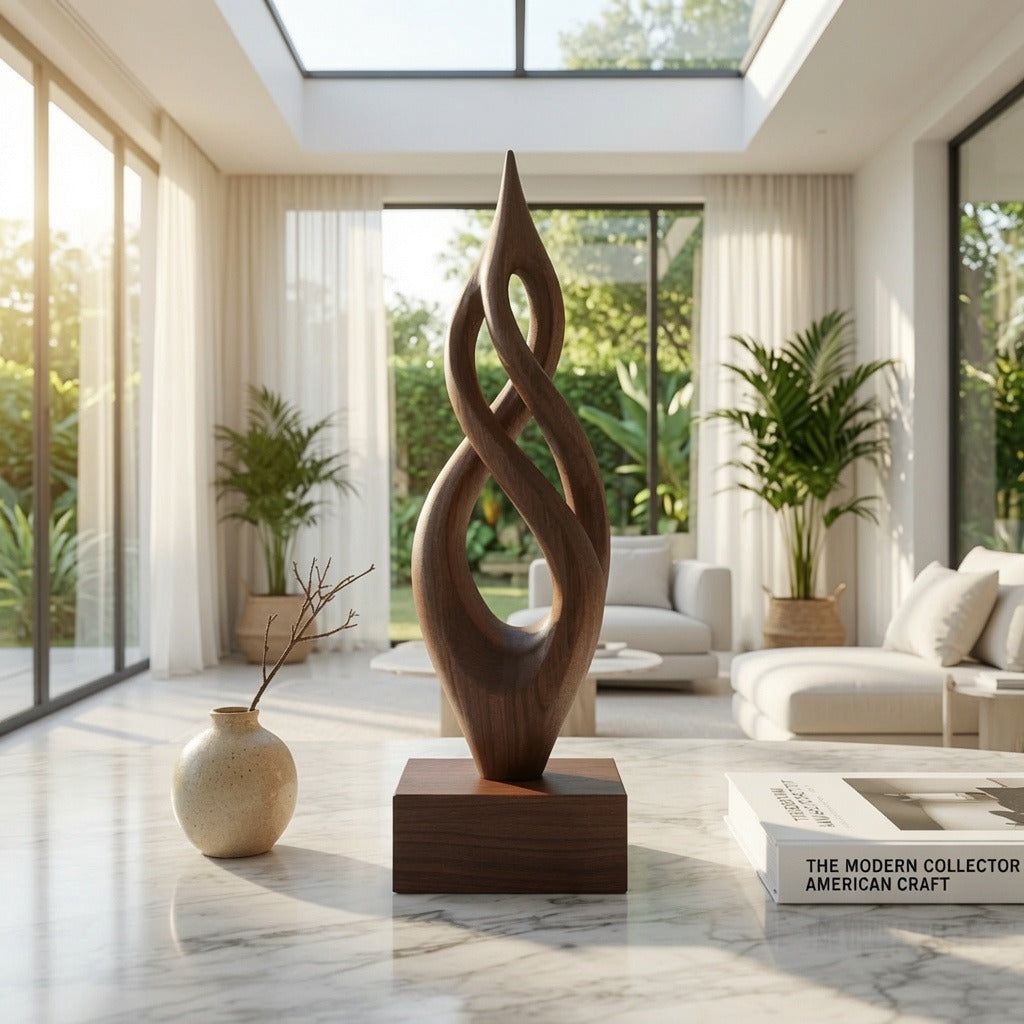 Handmade abstract wood décor creating a focal point in a luxury home