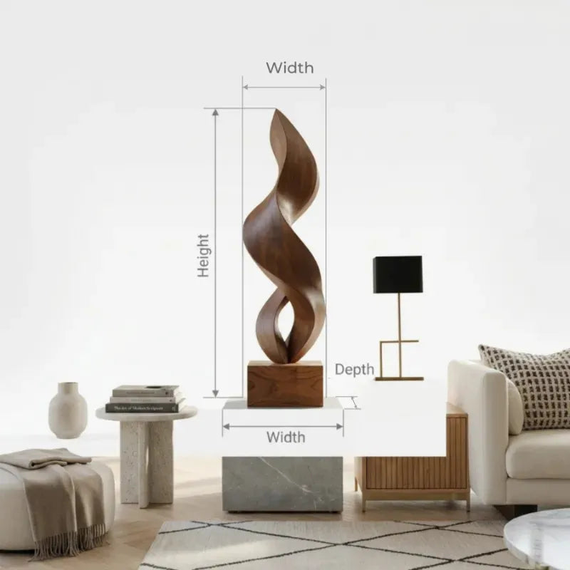 Abstract Twisted Solid Wood Floor Sculpture on Marble Base