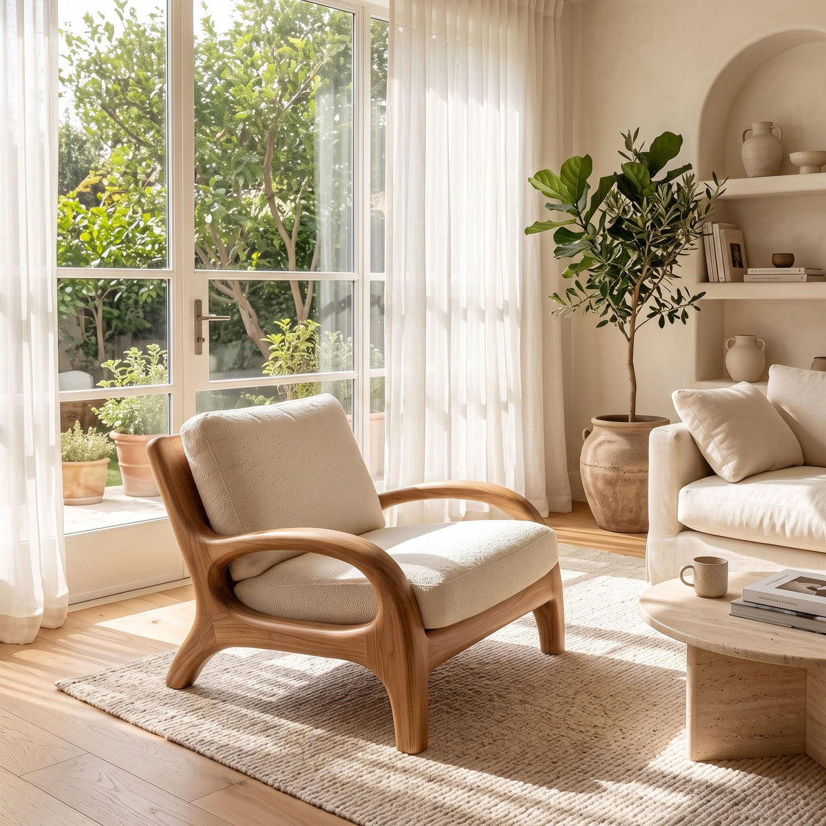 A modern wooden armchair with cream-colored cushions is positioned in a bright, sunlit living room next to a matching sofa, with large windows showing greenery outside.