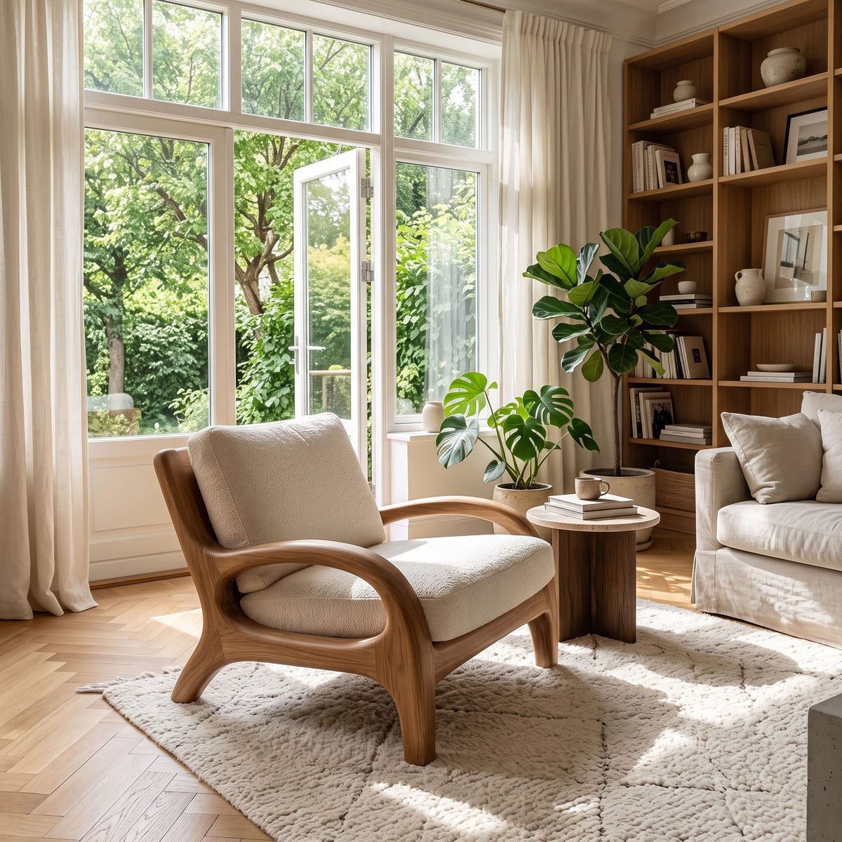 A modern wooden armchair with cream upholstered cushions sits in a bright, sunlit living room next to a matching sofa, a small wooden side table, and potted plants.