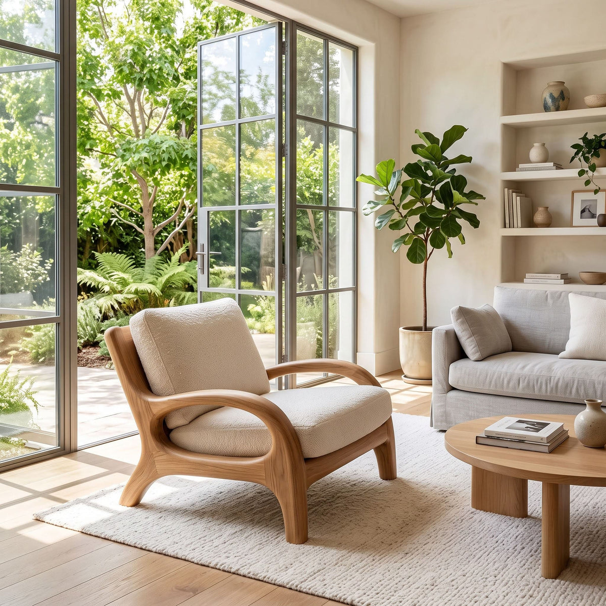 A modern wooden lounge chair with cream bouclé upholstery in a bright, sunlit living room