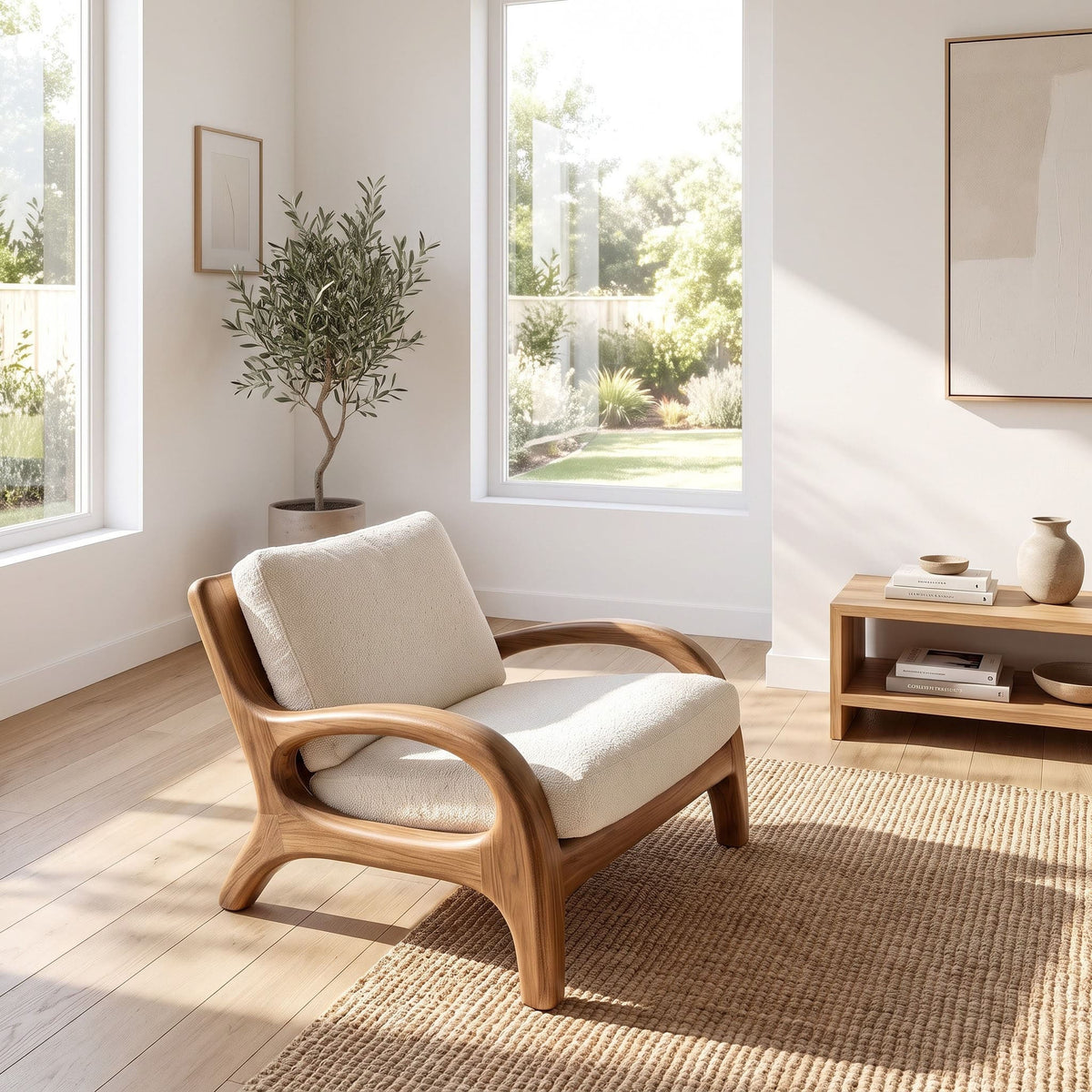 A modern wooden armchair with cream-colored upholstered seat and back cushions, placed on a woven jute rug in a bright, minimalist room with large windows and natural light.