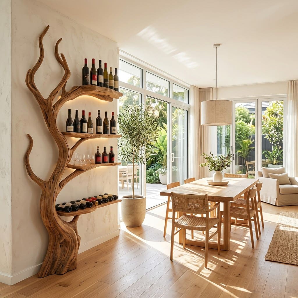 Sculptural solid wood wine display enhancing a contemporary dining space