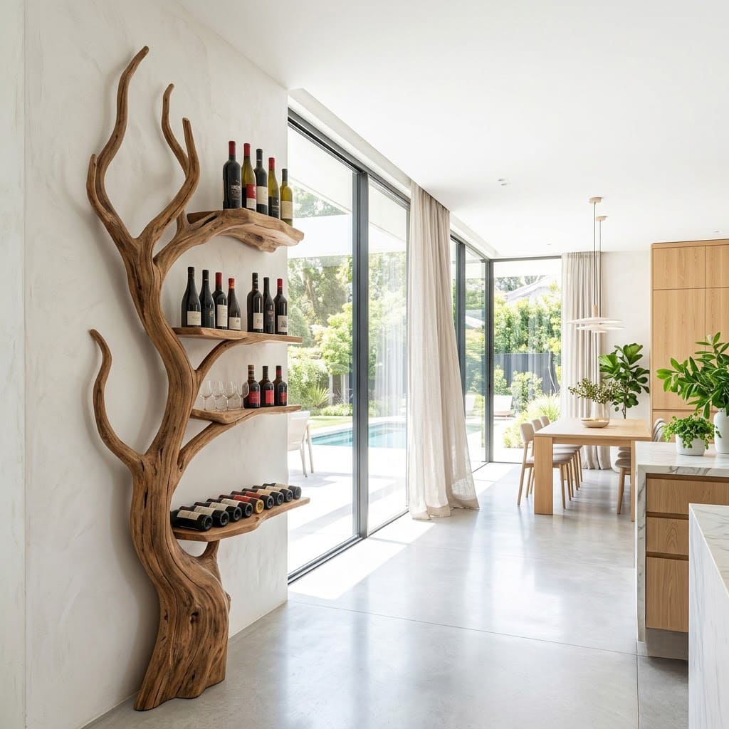 Branch silhouette solid wood wine rack with horizontal bottle storage in a sophisticated dining interior