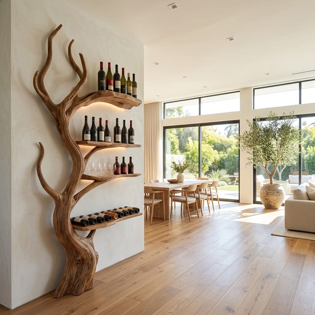 Arboreal solid wood wine rack showcased as a statement wall feature