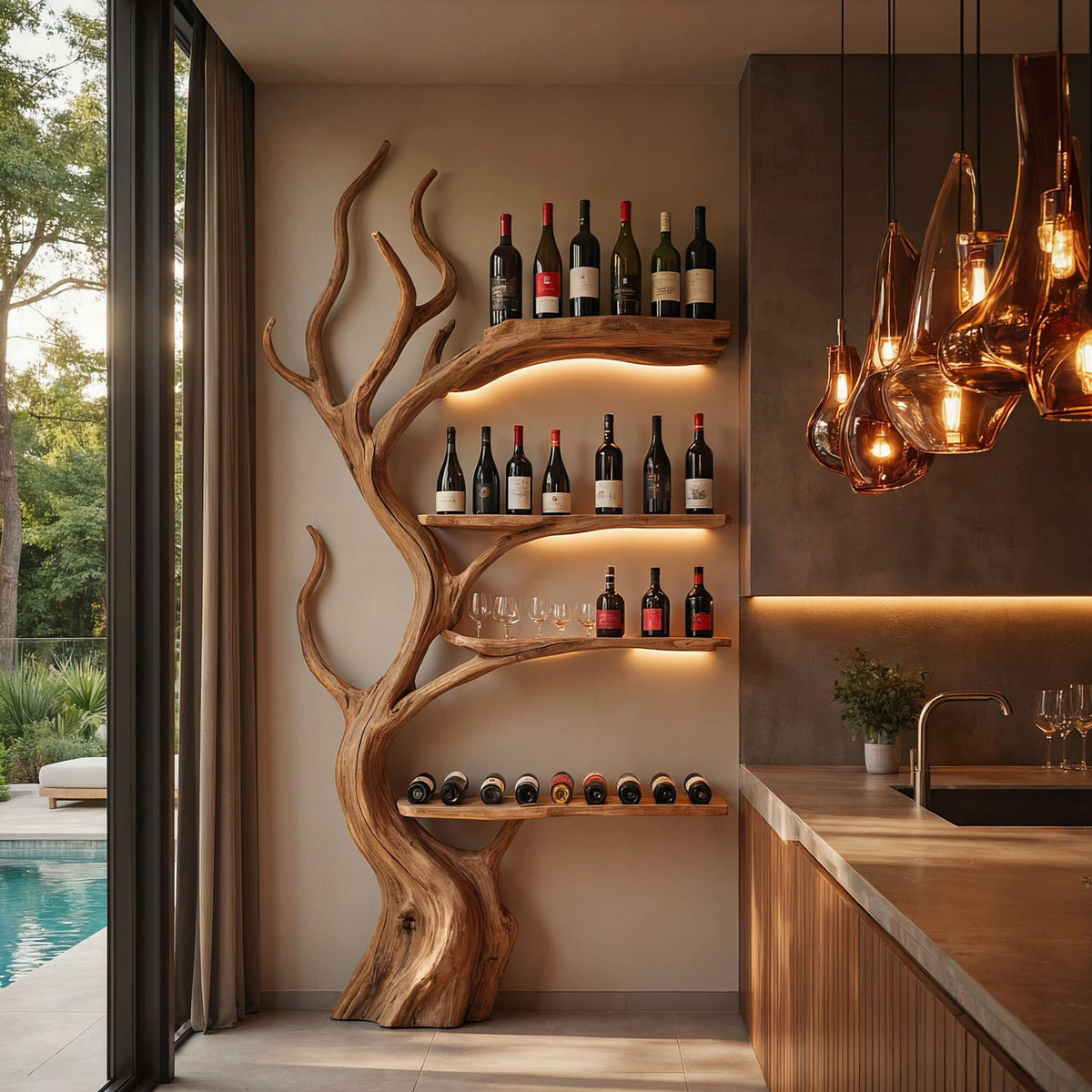 Organic solid wood branch wine rack with horizontal bottle storage in a minimalist kitchen