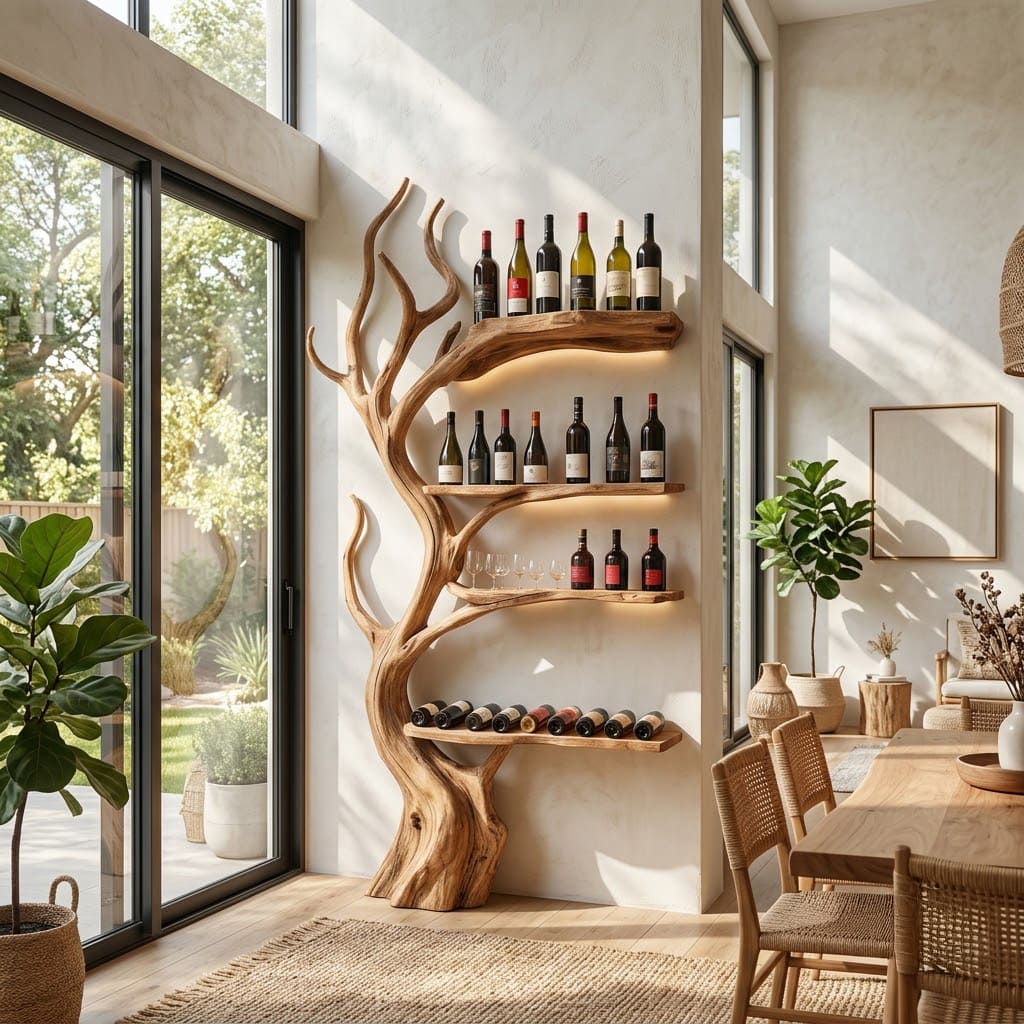 Arboreal branch silhouette solid wood wine rack in a contemporary dining room