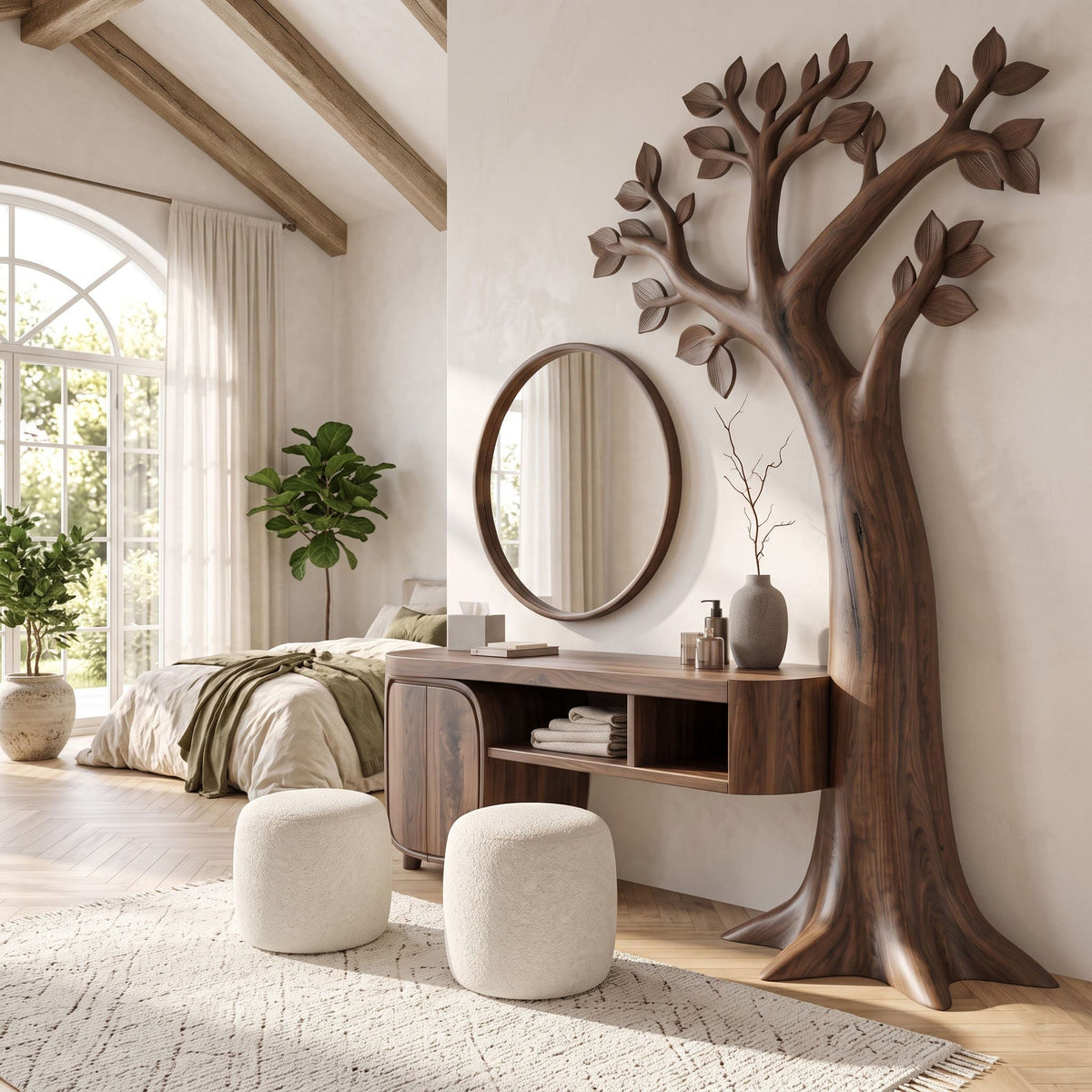 Arboreal canopy wall relief solid wood vanity table in a contemporary bedroom