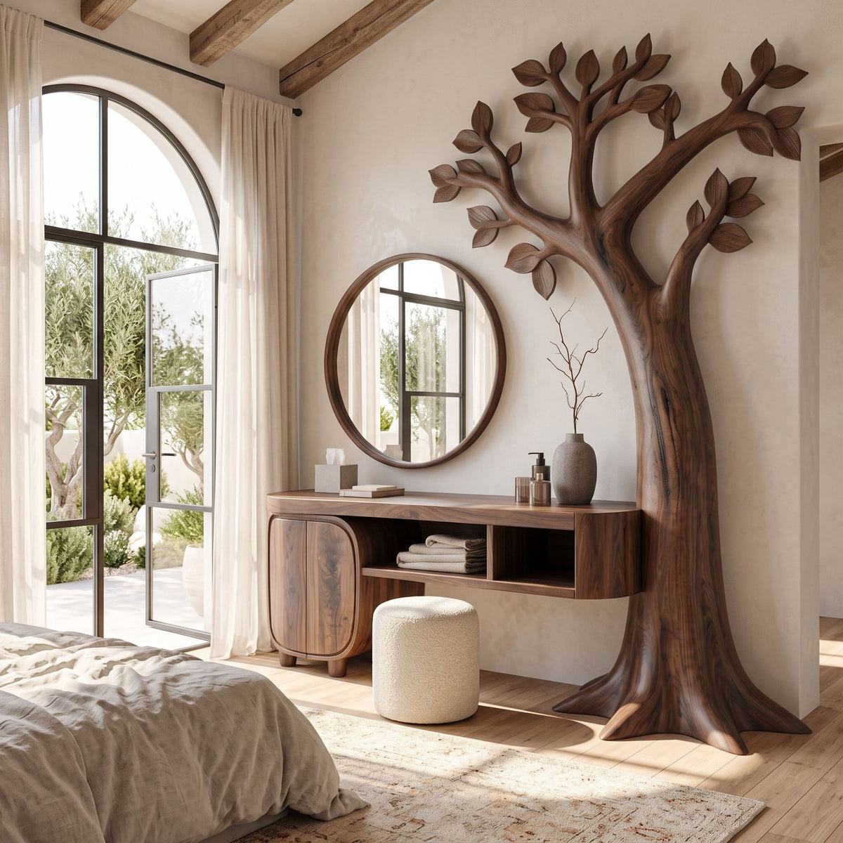 Sculptural solid wood canopy vanity displayed in a minimalist bedroom