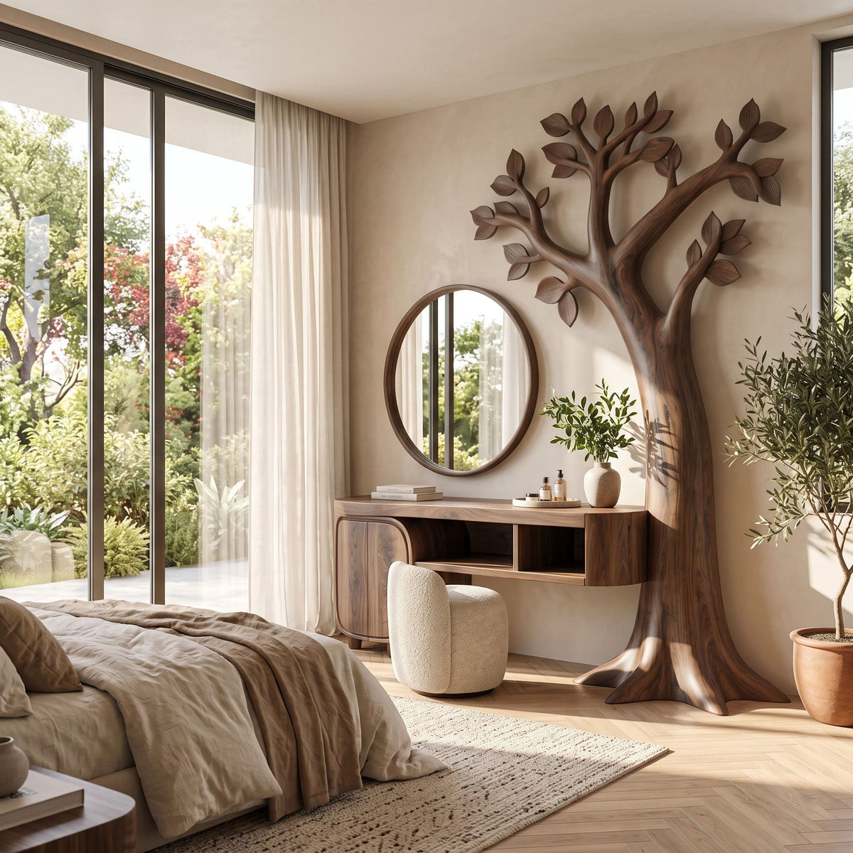 Sculptural canopy relief vanity table featured in a sophisticated modern bedroom
