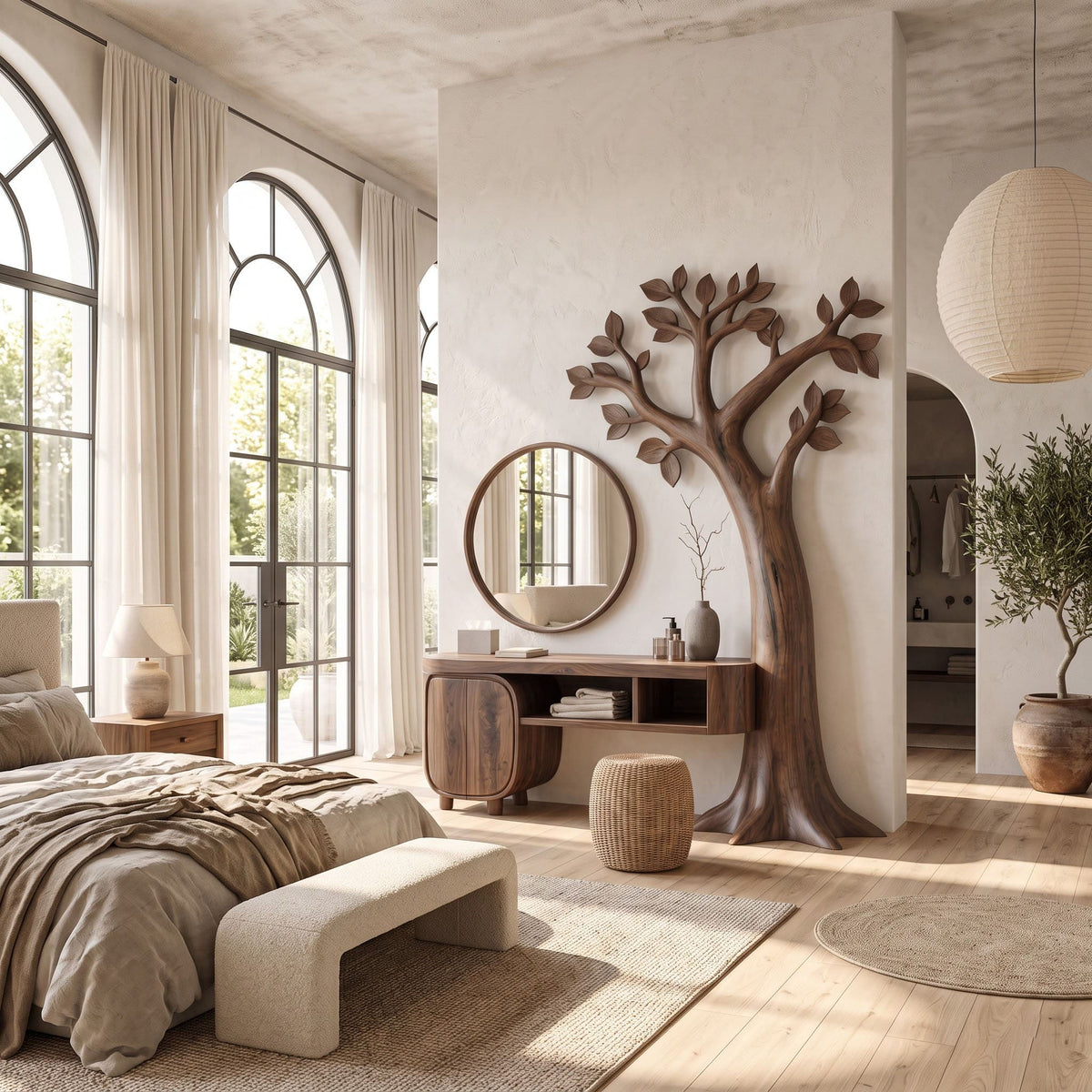 Solid wood dressing table with curved cabinet and open cubbies in a modern living room