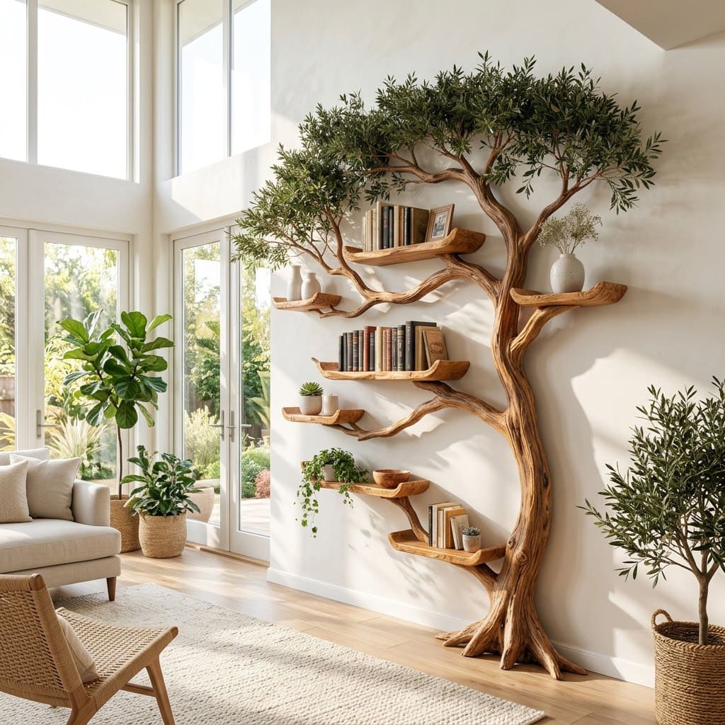 Arboreal olive canopy wall bookshelf in solid wood