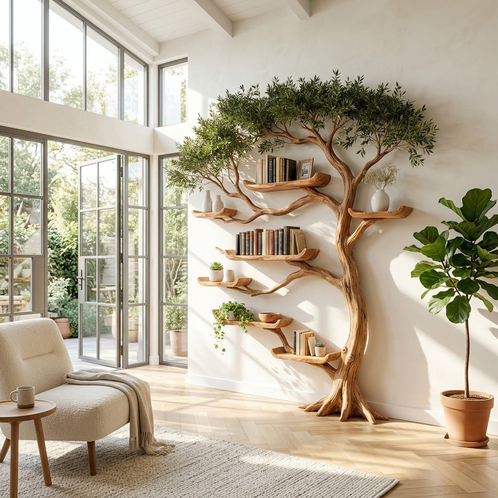 Handcrafted solid wood wall bookshelf with organic branch ledges in a modern reading nook