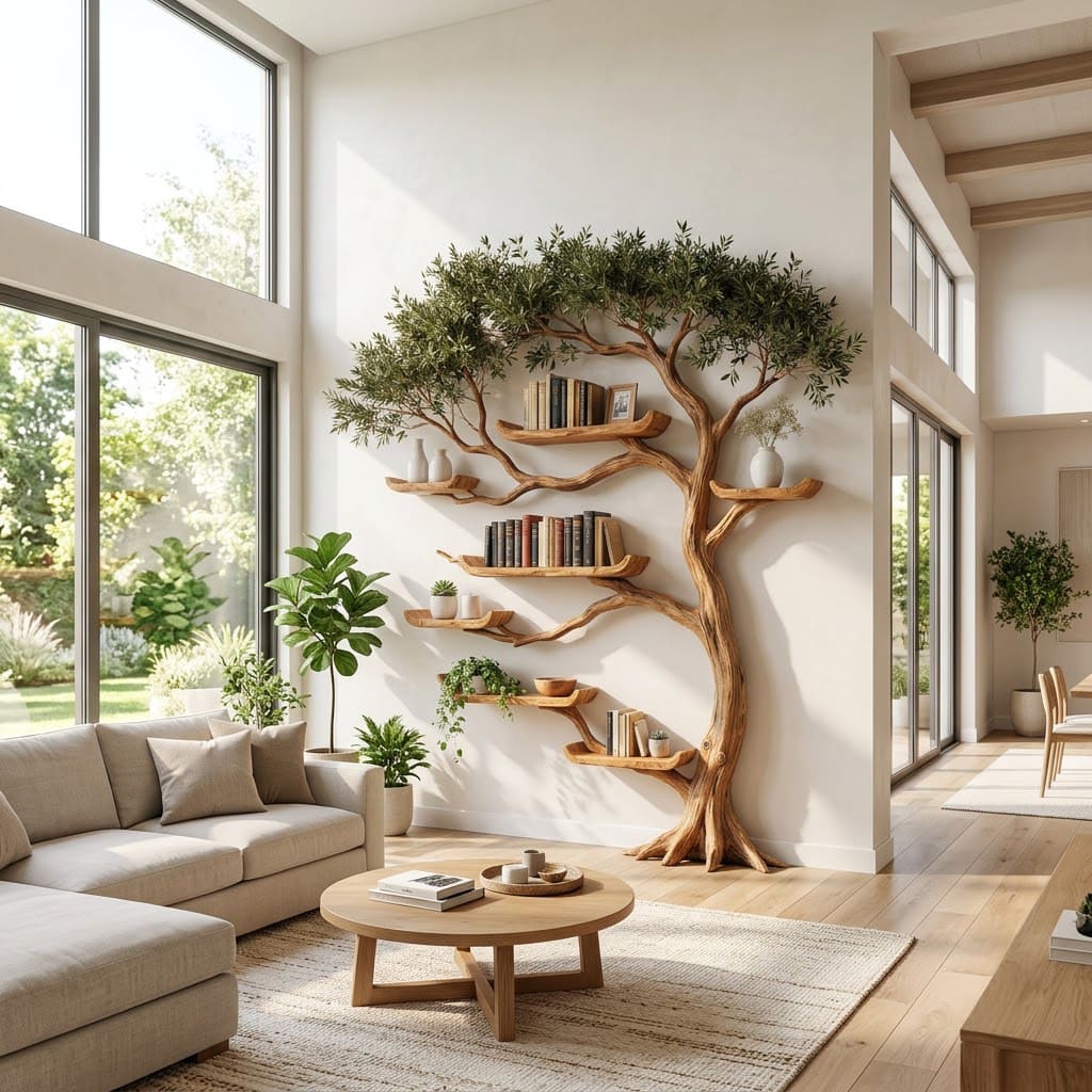 Organic solid wood branch ledge shelving enhancing a contemporary living space