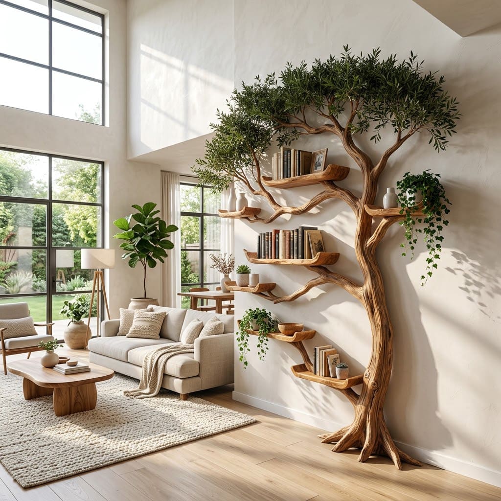 Handcrafted solid wood tree bookshelf styled in an elegant modern interior