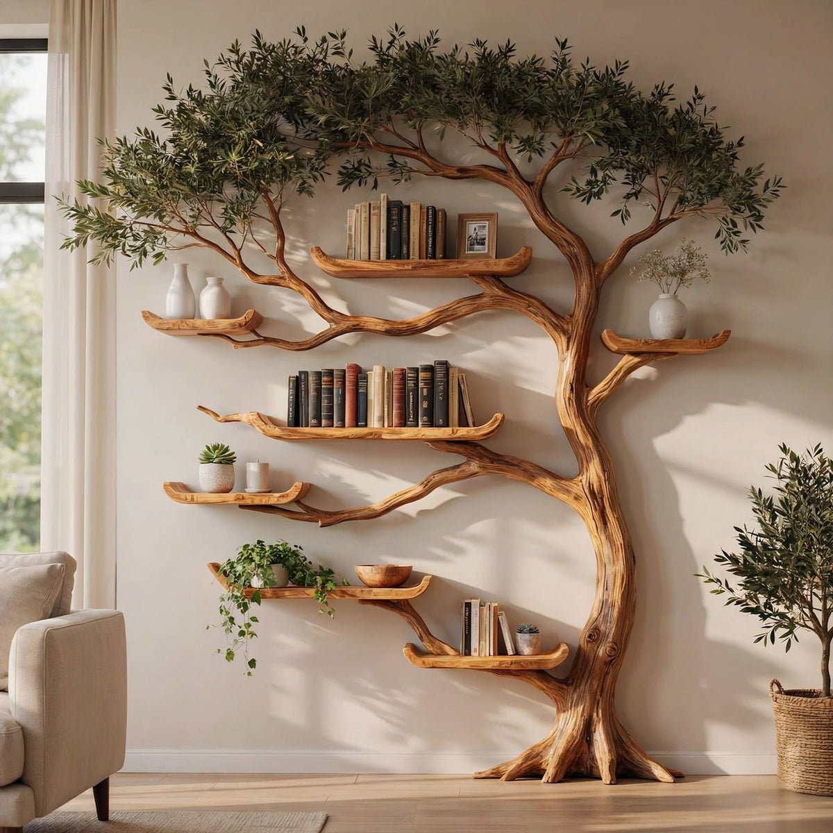 Olive canopy solid wood bookshelf showcased as a statement wall display