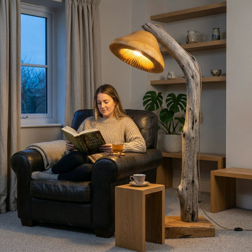 Arc Driftwood Reading Mushroom Floor Lamp with Tilted Gill Glow