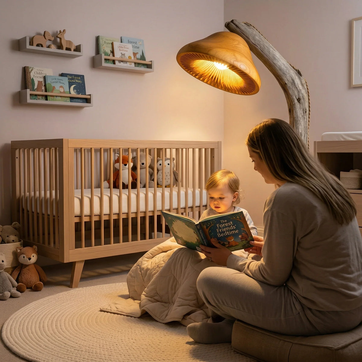 Driftwood mushroom floor lamp with tilted wood cap and braided cord in cozy nursery setting