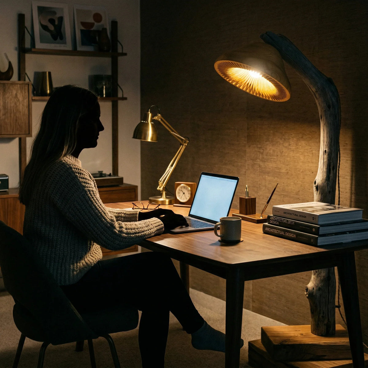 Driftwood mushroom reading floor lamp with oak base, glowing over a modern desk workspace.