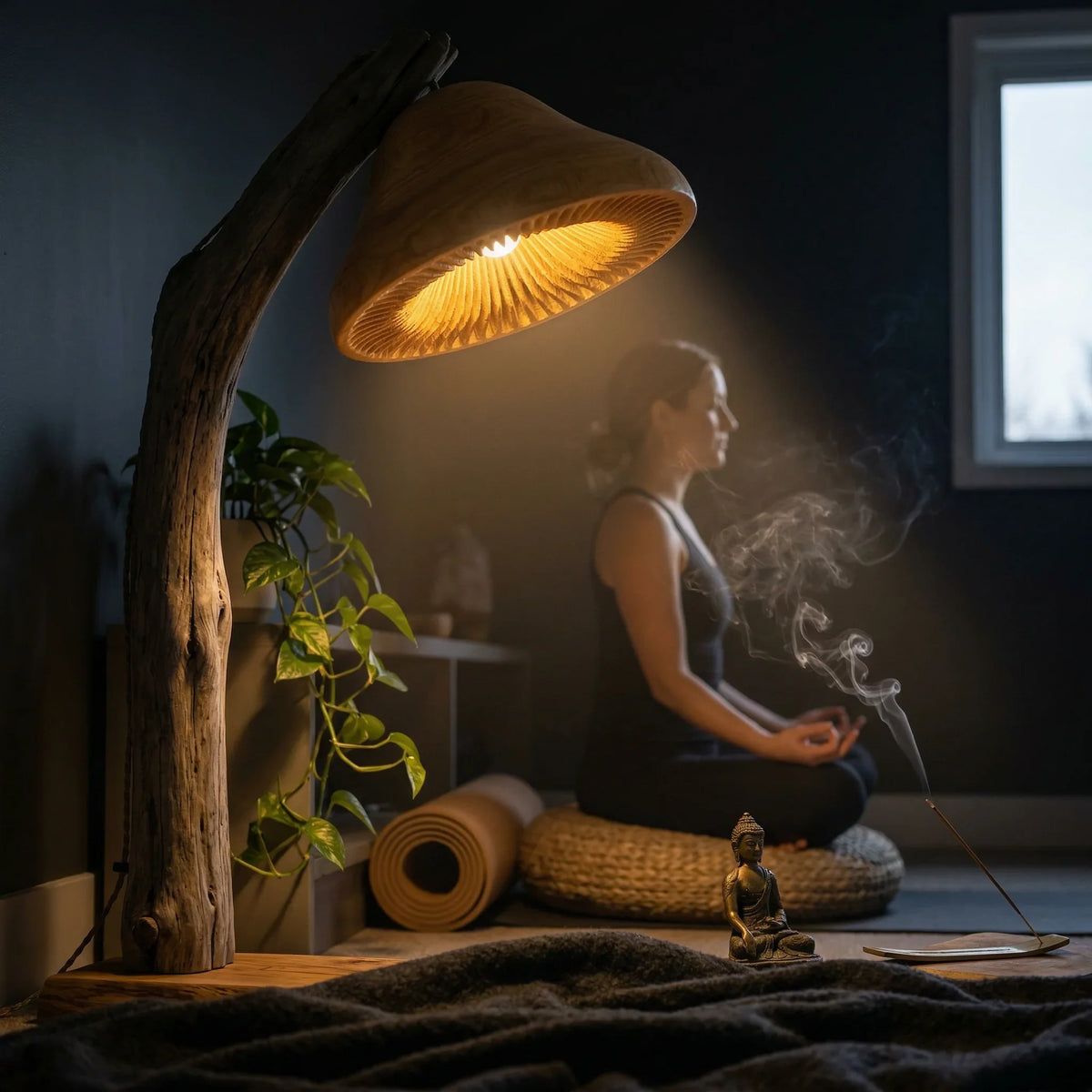 Driftwood reading floor lamp with mushroom-shaped shade and solid oak base in a cozy zen room