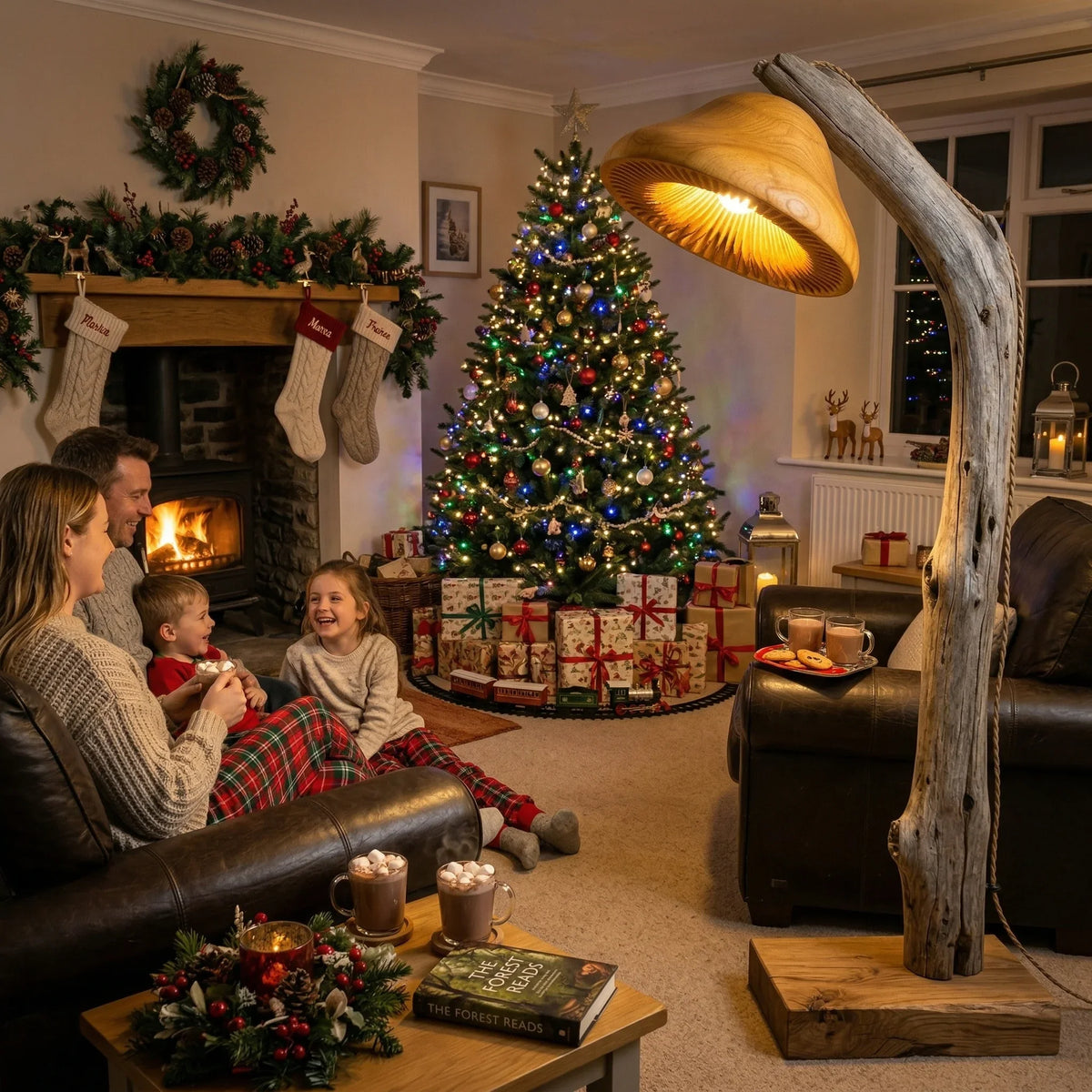 Driftwood mushroom reading floor lamp with solid oak block base, lit beside a cozy family Christmas living room scene with tree and fireplace.