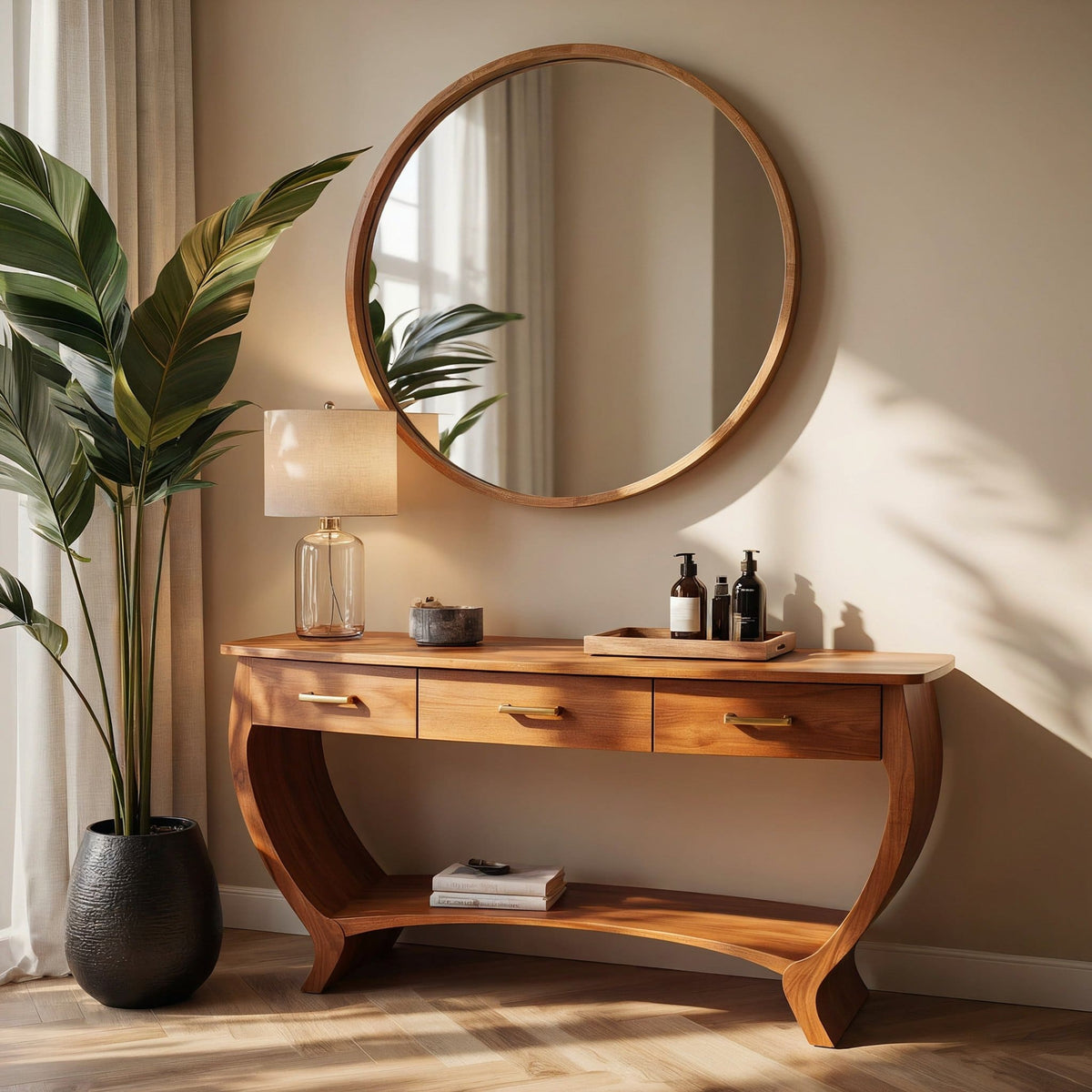Arched crescent silhouette vanity table in solid wood