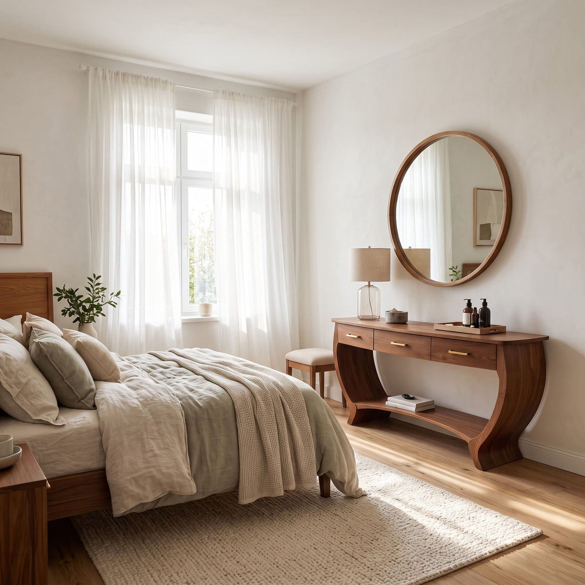 Arched crescent silhouette solid wood vanity table in a contemporary bedroom