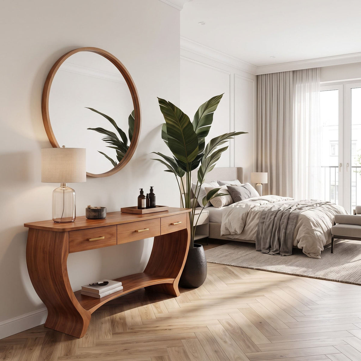 Sculptural solid wood crescent vanity displayed in a minimalist bedroom