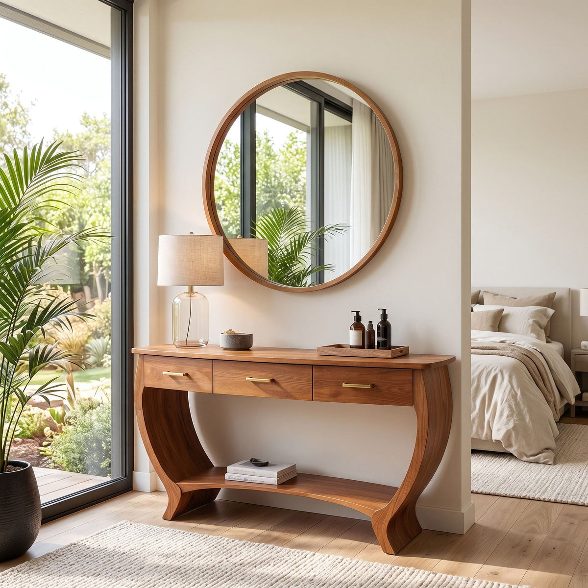 Crescent silhouette solid wood vanity showcased as a statement bedroom piece