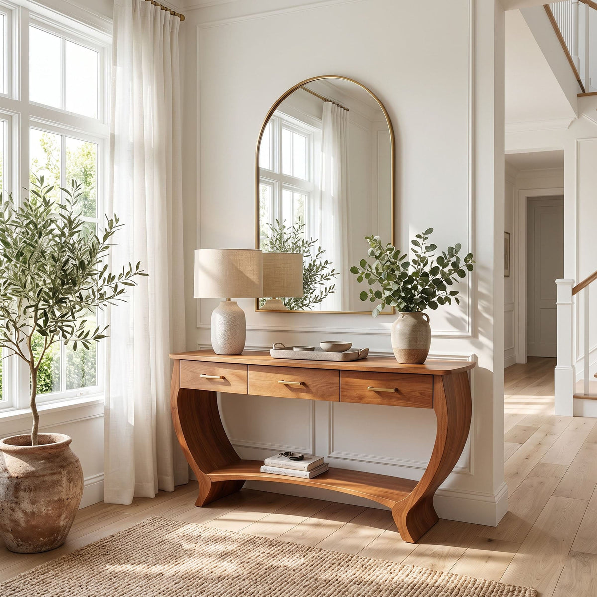 Arched solid wood dressing table enhancing a contemporary interior