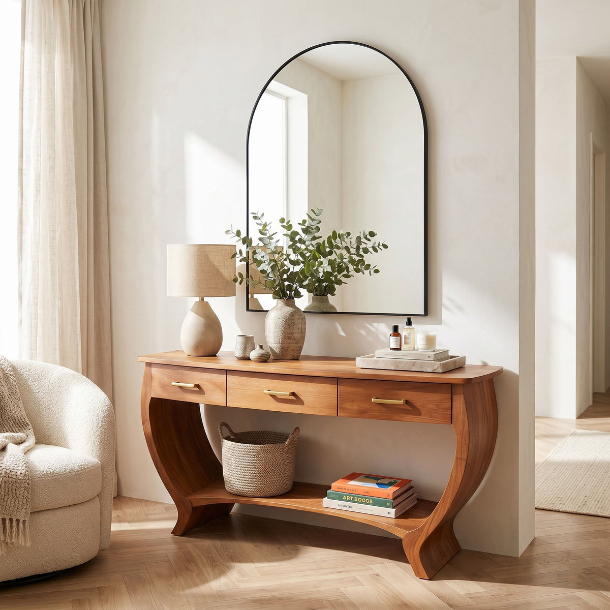 Triple drawer solid wood vanity with lower shelf styled in an elegant dressing space