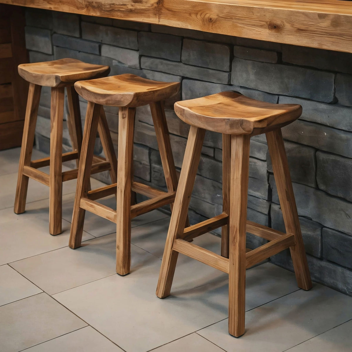 Rustic solid wood counter stool in a farmhouse dining space