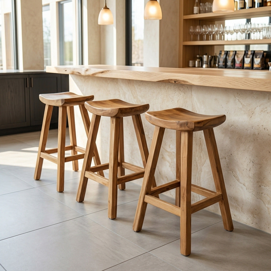 Handcrafted wooden bar stool at a contemporary kitchen island