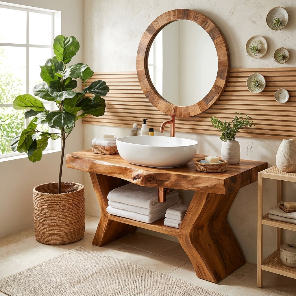 Artisan live edge wood bathroom vanity in solid wood