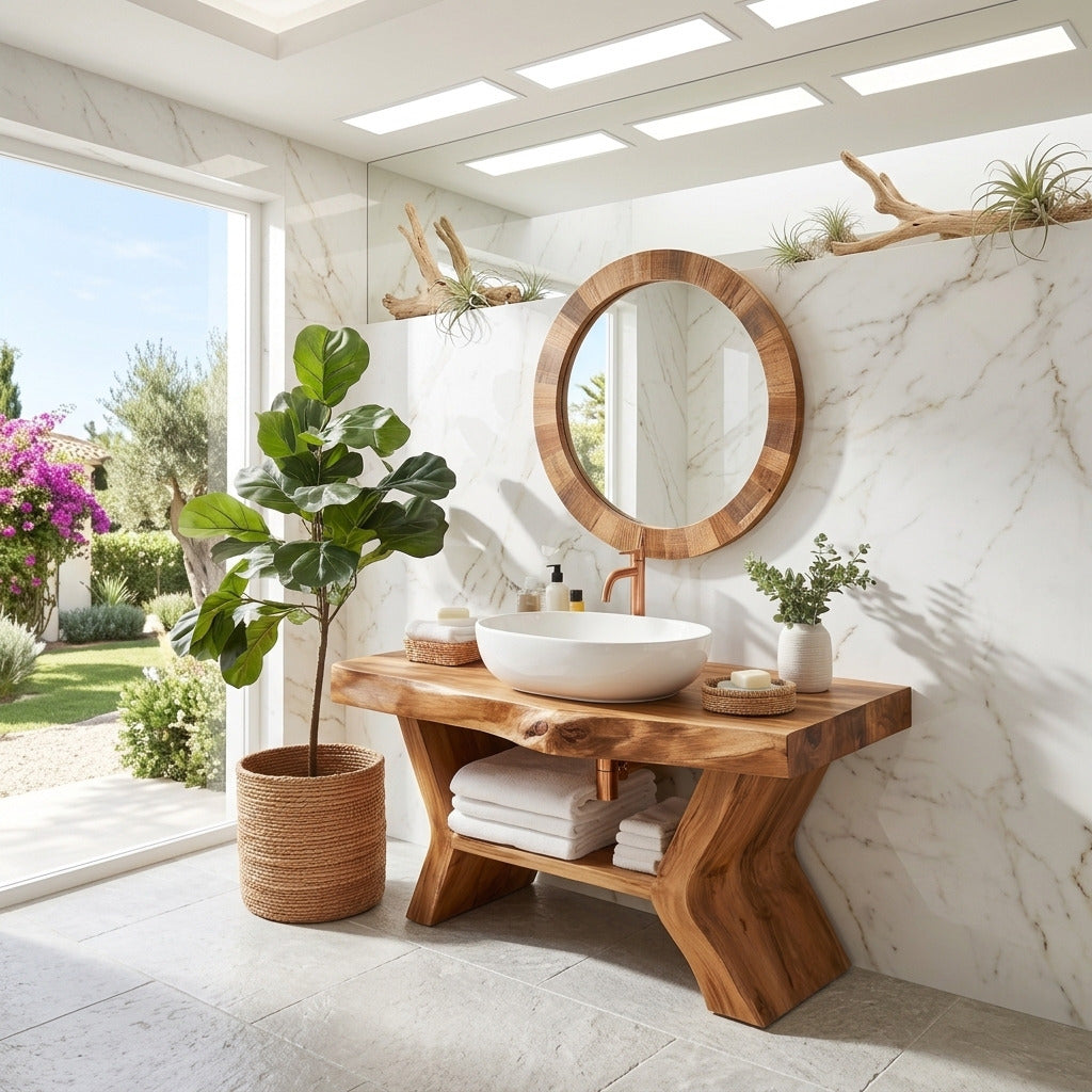 Modern live edge bathroom vanity creating a warm organic atmosphere