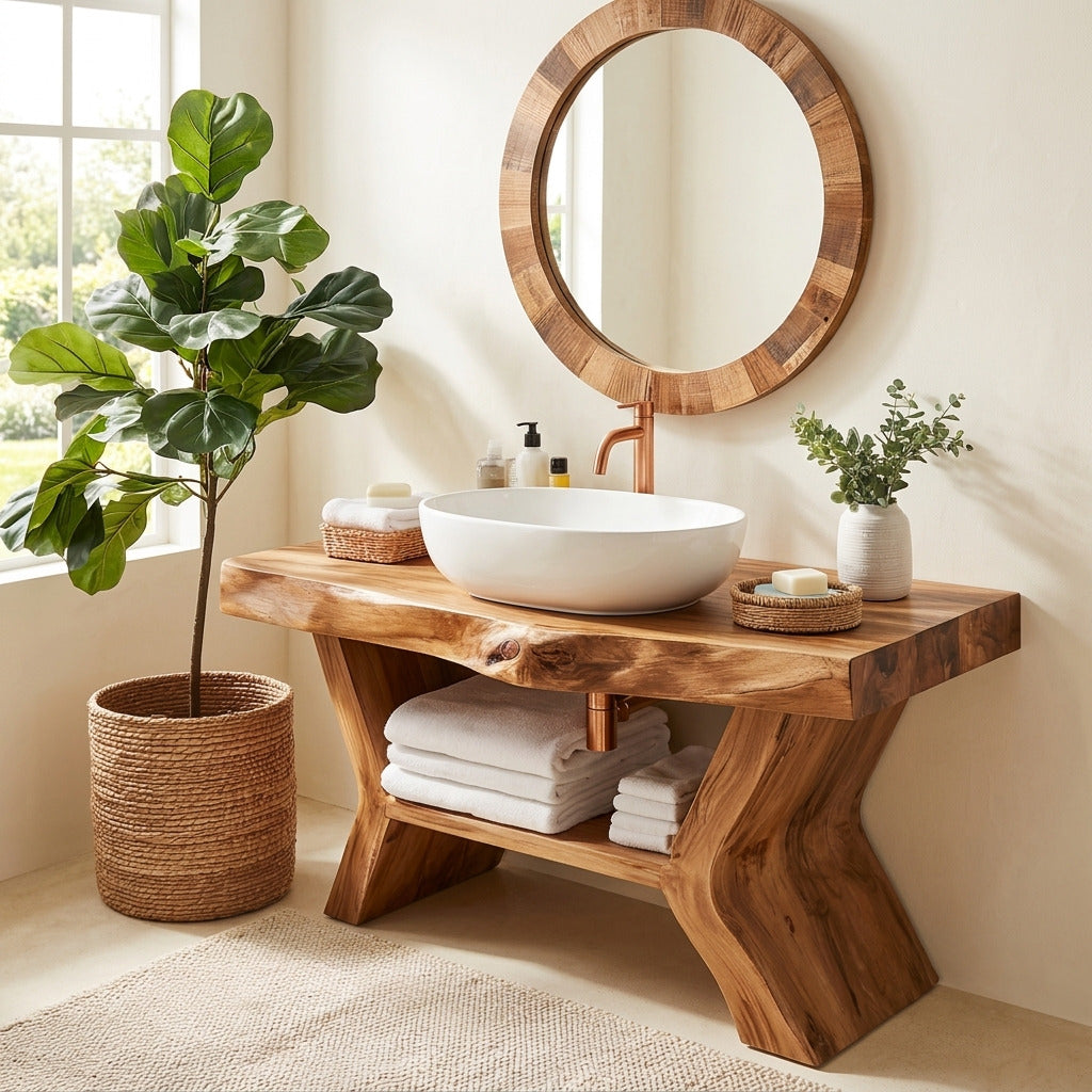 Artisan live edge solid wood vanity in a modern bathroom